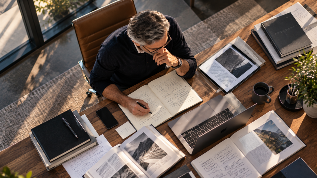 Overhead view of an experienced professional studying at a desk with books, a laptop and handwritten notes, illustrating Performance Risk Taking and continuous learning.