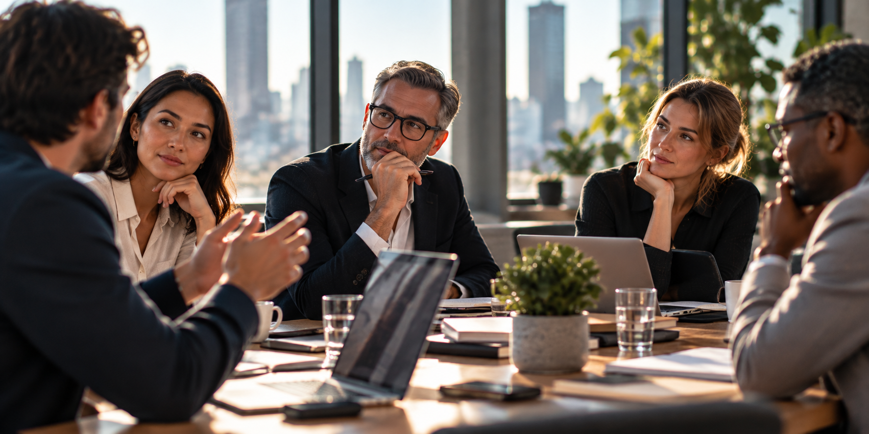 Leadership in the age of AI with executives discussing ideas and exercising collective judgment
