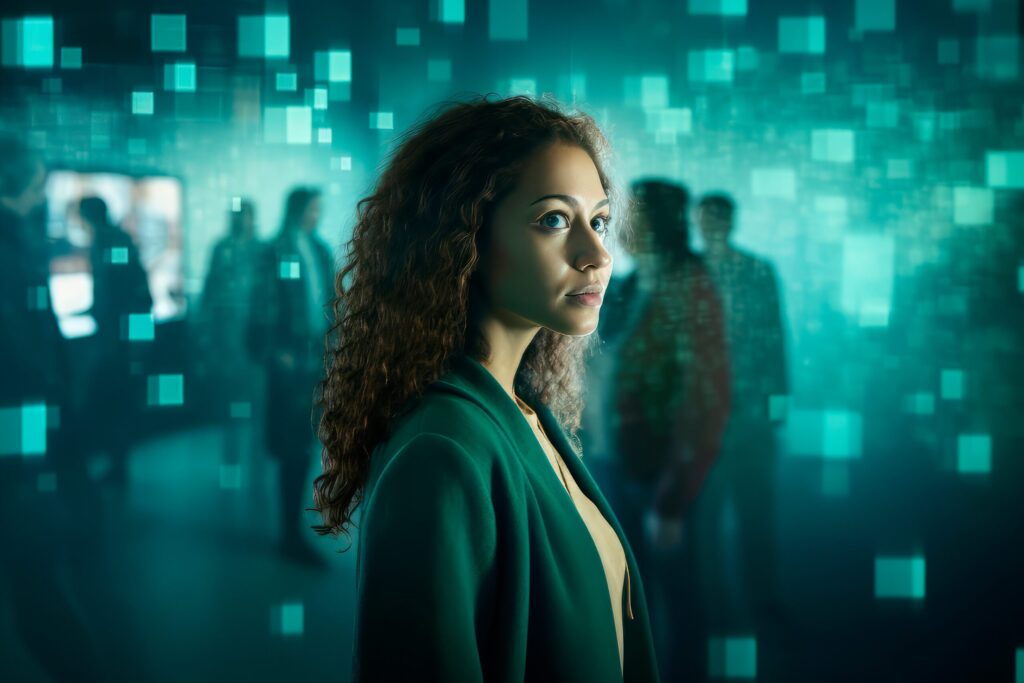 mulher com cabelo enrolado e pixels ao lado