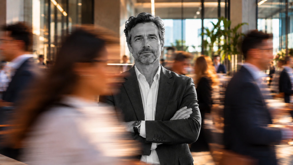 Confident executive in black and white standing still as blurred colleagues move around him in color, symbolizing high performance and low learning agility.